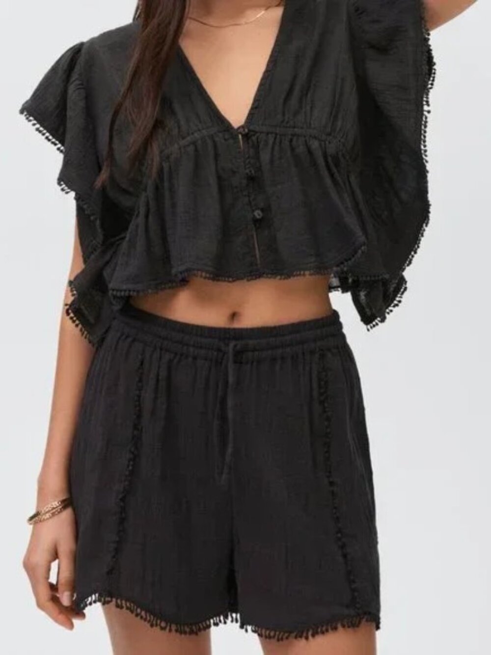 MANGO TEEN - Ruffled Crop Blouse and Shorts Set Black Teen Small / Women's XS